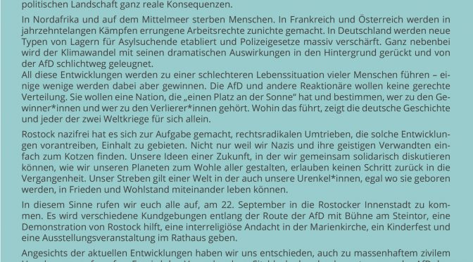 (HRO/MV): Zivilgesellschaftliches Bündnis ruft zu Blockaden gegen AfD-Aufmarsch auf